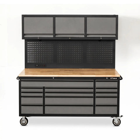 Top Tier 72 Inch Rolling Tool Chest 79 Inches Tall Features 14 Smooth Drawers 3 Cabinets Pegboard Back For Badass Garage Organization heavy duty mobile workshop storage.