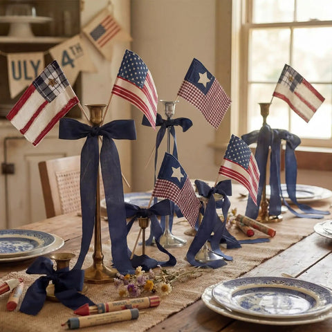 Six Pack 4x6 Inch Fabric Mini Flags On Sticks For 4th Of July Home Decor And Independence Day Parties Vintage Retro Patriotic Flags displayed on a dining table with vintage decor.