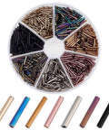 623 Pieces Glass Bugle Beads Set In Seven Dope Metallic Colors displayed in organizer, tubular seed spacers for jewelry, 12x2mm with 0.5mm hole.