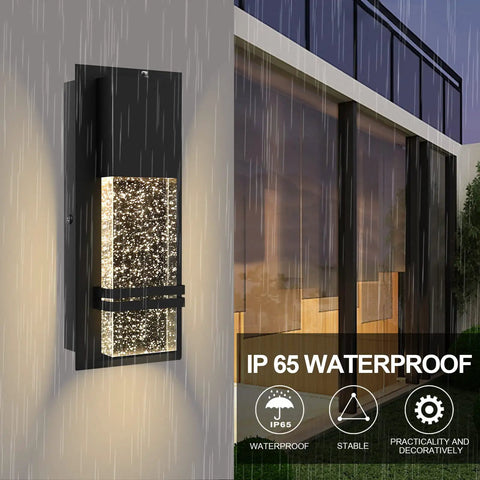 Dusk To Dawn Outdoor Light Fixture Wall Sconces 2 Pack Crystal Bubble Glass illuminating a rainy exterior porch scene