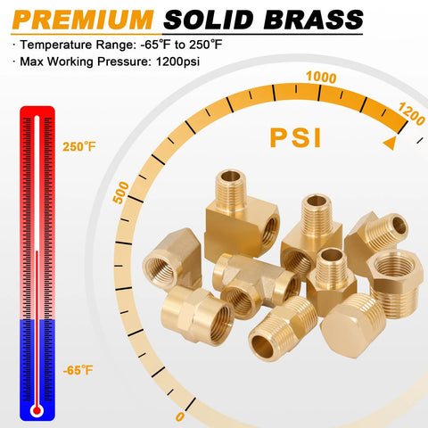 KOOTANS 96pc brass pipe fittings kit, including NPT adapters, reducers, hex nipples, couplings, plugs, elbows, tees.