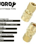 Two brass air hose fittings from a 10-piece set, 1/4 inch body size M type plug NPT female threads for DIY projects and professional use.