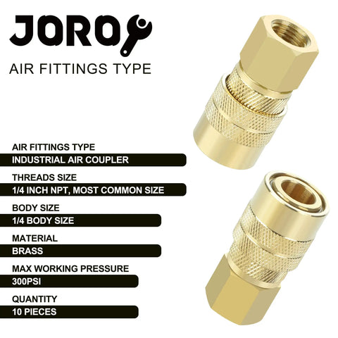 Two brass air hose fittings from a 10-piece set, 1/4 inch body size M type plug NPT female threads for DIY projects and professional use.