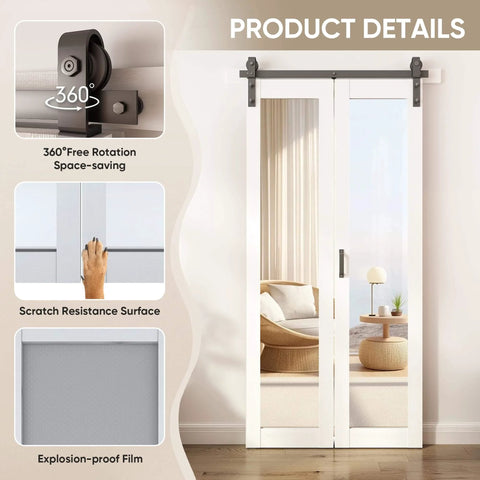 Bifold Barn Door With Mirror Panels And Hardware Kit For Closets And Rooms 40 By 84 Inches Sleek White Modern Style Durable MDF