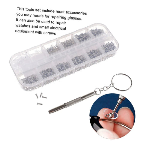 All In One 1100Pcs Stainless Steel Eyeglass Screw Kit With Nuts And Hinges Repair Tools, case open showing assorted screws