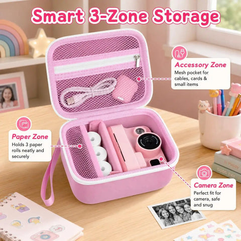 Kids Instant Print Camera Case With Universal Fit For Instax Polaroid And Other Tiny Cameras, open pink case with 3 storage zones