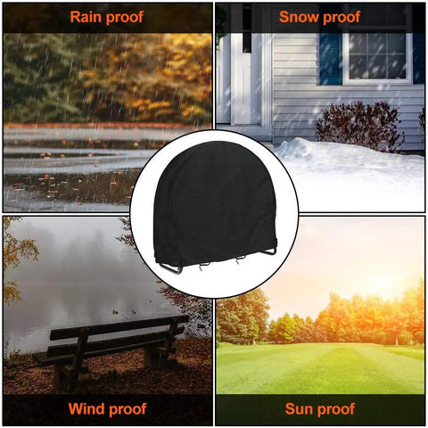 Outdoor Waterproof Log Rack Cover Heavy Duty Windproof UV Resistant Tarp With PVC Backing Keeps Dry Wood Safe Year Round Fits 40 Long X 24 Wide X 41 High Black shown in various weather conditions