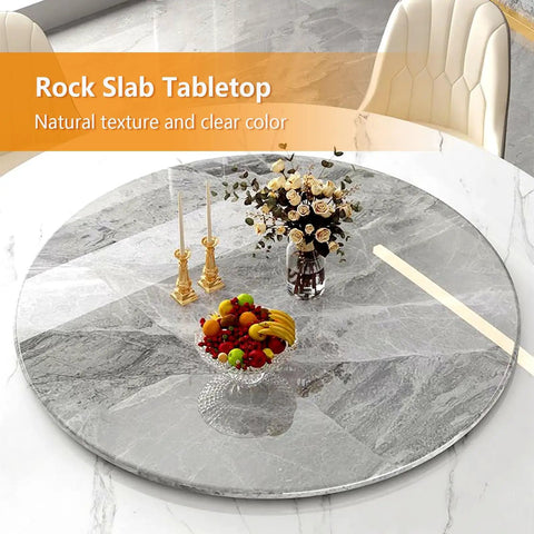 Holy Grail 360 Degree Rotating Serving Tray Heavy Duty Stone Lazy Susan Turntable With Flawless Spin, rock slab tabletop with fruits and candles.