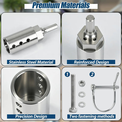 Upgraded Trailer Jack Drill Adapter Fits Standard One Inch Drive Shaft Slick Power Upgrader For Vehicle And Utility Trailers showing stainless steel material and precision design.