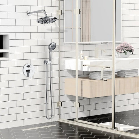 10 Inch Multifunctional High Pressure Shower System With Handheld Head in polished chrome finish installed in a modern bathroom
