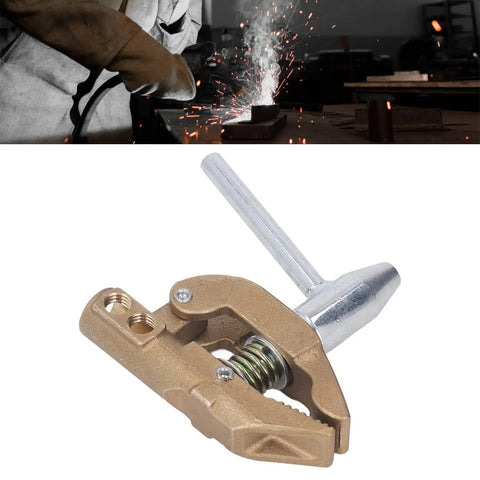 Practical 800 Amp Grounding Brass Welding Clamp With Durable Rubber Sleeve For Heavy Duty Metal Fabrication Jobs And Easy Installation On Various Surfaces Right Now, showing brass clamp with steel shaft.