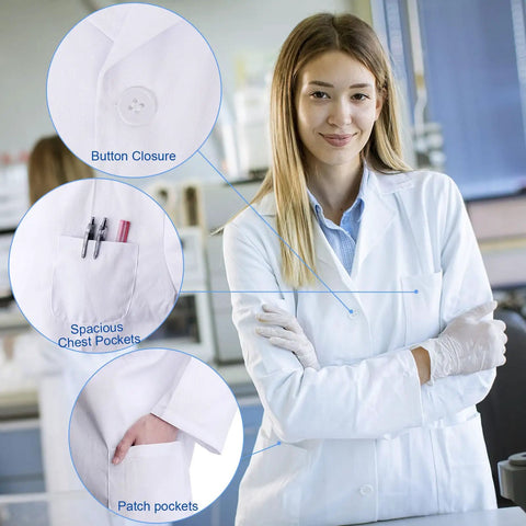 White Lab Coat For Women And Men Long Sleeve Unisex Medical Coat Size L Durable Polyester Laboratory Coat for Work and Costume