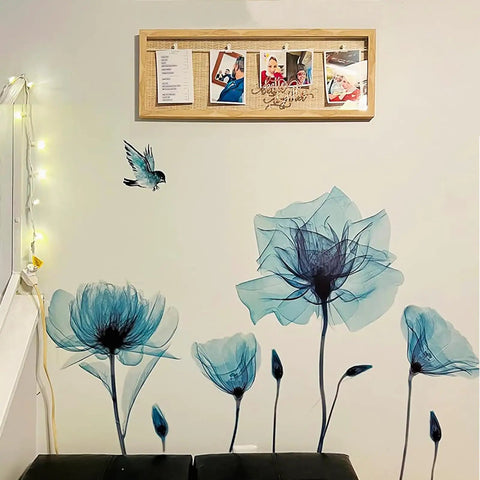Blue Flower Wall Decals Peel And Stick Removable Die Cut Vinyl Murals for Bedroom Living Room Classroom Office on wall
