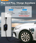 Level 2 EV Charger 32A Portable J1772 With Beefy 25 Ft Cable 110-240V plugged into white car, showing dual mode