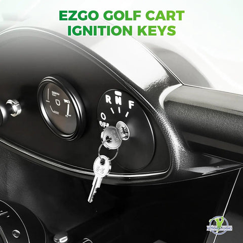EZGO Golf Cart ignition keys in dashboard, part of Top Shelf 25 Pack Of Ezgo Golf Cart Keys Delivering Straight Up Factory Ignition Cuts.