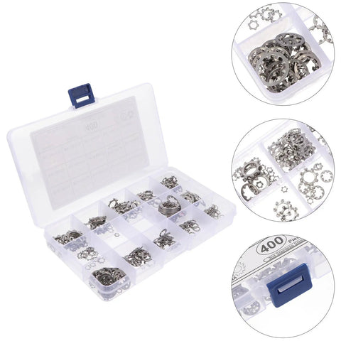 Stainless Steel Serrated Lock Washers Set With Internal And External Teeth 400 Pcs Assortment in clear divided box