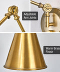 Close-up of adjustable arm joints and conic metal shade details in warm brass finish, Ellis 18 Inch Vintage Industrial Swing Arm Wall Lamp.