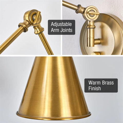 Close-up of adjustable arm joints and conic metal shade details in warm brass finish, Ellis 18 Inch Vintage Industrial Swing Arm Wall Lamp.