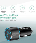 Kickass 6 Pack Usb C Car Charger Featuring Dual 20W Fast Charging Ports For Rapid Juice Transfer And Zero Hassle Setup Cigarette Lighter Adapter For Modern Vehicles showing safety features like over current, voltage, and temperature protection.