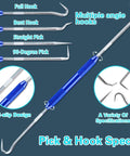 Pick and hook set with blue handles showing various specifications, including full, bent, straight, and 90-degree hooks.