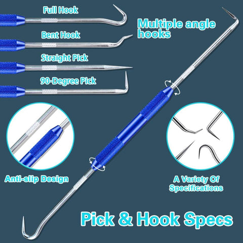Pick and hook set with blue handles showing various specifications, including full, bent, straight, and 90-degree hooks.