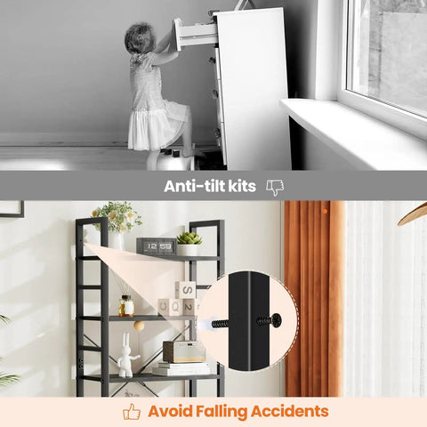 Five Tier Bookshelf Tall Display Stand for Bedroom with anti-tilt safety feature, black industrial style storage rack