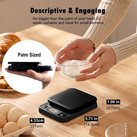 Super Handy Digital Food Scale For Kitchen With Grams And Ounces Readout 11 Pound Capacity 0.5 Gram Increments shown with bowl