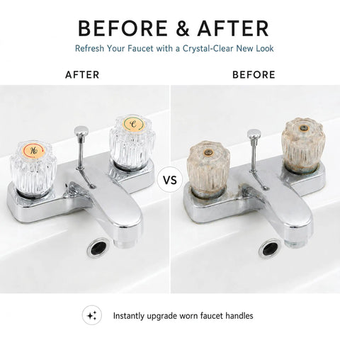 Upgrade Your Bath With This 2 Pack Clear Acrylic Faucet Knob Replacement Kit That Slaps Perfectly On Delta Delex Peerless And Ldr Two Handle Tub Or Sink Fixtures Featuring Screws And A Pry Tool For Easy Swapping before and after worn faucet handles