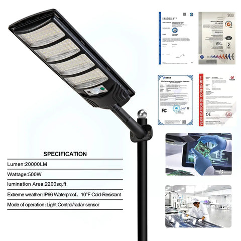 Outdoor Solar Flood Lights With Motion Sensor And Remote Control Waterproof Dusk To Dawn Led Street Lights; specs and certifications.