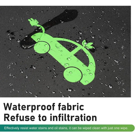 Portable Electric Vehicle Charger Cable Organizer Bag Featuring Slick Glide Zipper And Water Resistant Oxford Fabric To Keep Your Cords Tidy Protected And Totally Job Ready For Any Urban Commute, displaying waterproof fabric and water droplets.