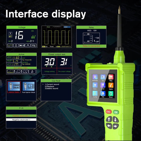 P100 Pro Power Circuit Probe Kit interface display showing voltage tester, multimeter functions for cars and trucks