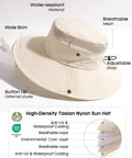 Women's Ponytail Hole Sun Hat With Wide 3.5 Inch Brim For Hiking And Summer Outdoor UV Protection Beige Bucket Safari Hat UPF 80 Plus All Day Sun Shield features breathable mesh and adjustable strap.