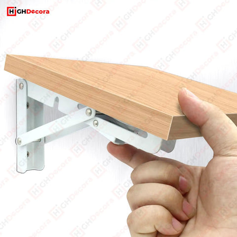 Heavy Duty Folding Shelf Brackets Set 2 Piece Metal Wall Mounted Triangle Supports Fold Down Design White 10 Inch in use