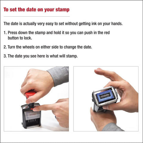 Heavy Duty Self Inking Date Stamp Offering Custom Two Line Settings With Dual Blue And Red Pads For Crisp Prints And Zero Mess Setup being set for date adjustment.