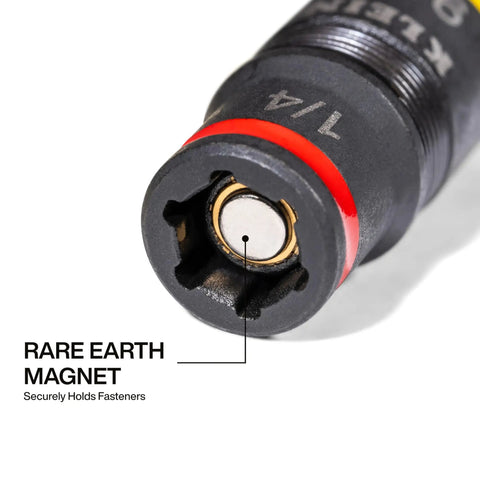Close-up of SAE and Metric Flip Socket Set showing rare earth magnet for secure fastener hold with clear 1/4 marking