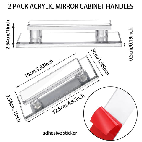 Two Piece Mirror Closet Door Pull Handles Adhesive Self Stick Clear Acrylic Knobs with beveled edges and adhesive sticker shown