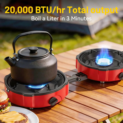 Two Burner Propane Camping Stove With Twenty Thousand BTU Output, Piezo Ignition in use on wooden table outdoors