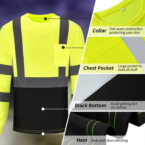 Close-up of Six Pack High Visibility Long Sleeve Safety T Shirts for Men with Reflective Strips and Chest Pocket Fluorescent Yellow XL