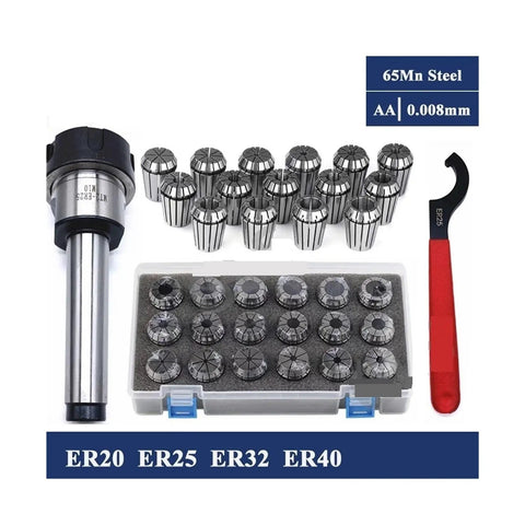 Top Tiers Spring Collet Set ER20 ER25 ER32 ER40 With ChuckMorse MTB Holders For Pro CNC Milling High Precision AA Grade 0.008mm Runout And Killer Grip Power Tool Fitment showing ER collets and 65Mn steel chuck.