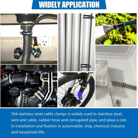 Collage of applications showing 136 Piece Cable Clamps Kit in 304 Stainless Steel With Rubber Cushioned Grip used in various settings