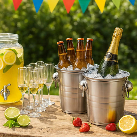 Two Pack 3 Quart Stainless Steel Ice Buckets With Handles, Wide Rim Beverage Tubs For Beer And Wine, Party Chill Kit Outdoor Use
