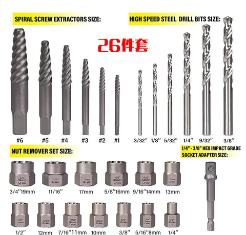 26 Piece Nut And Bolt Extractor Set With Sockets And Drill Bits For Stripped Frozen And Rounded Off Fasteners, sizes labeled