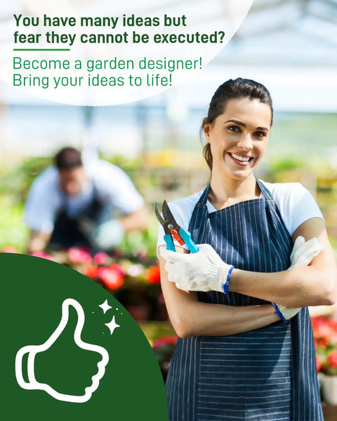 Person in a greenhouse wearing an apron, holding gardening scissors, surrounded by flowers, with a garden design text overlay.