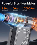 Exploded view of Beastly Turbo Cordless Air Duster 150000RPM Power with brushless motor and wind pressure details.