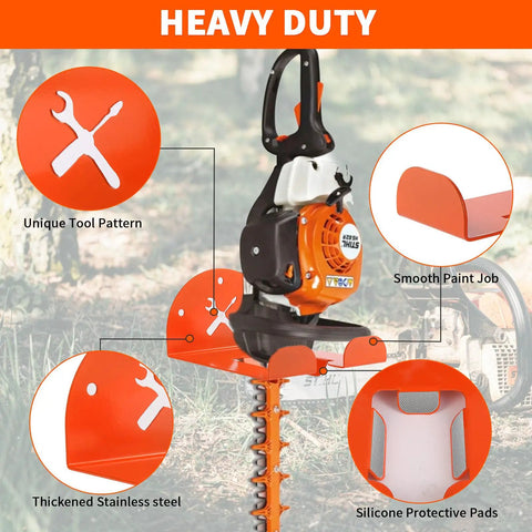 Close-up of heavy-duty 8-Inch Vertical Trimmer Rack Wall Mount heavy duty garden tool hanger showing design and features.