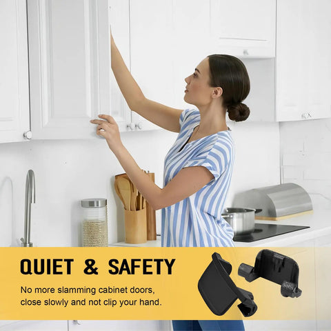 Fifty Pack Universal Cabinet Hinge Restrictor Clips Stop Annoying Door Slams With Totally Effortless Slide On Soft Close Compatibility For Kitchens And Bathrooms Full Control Over Swing Angles Built Tough in use, showing a woman accessing a kitchen cabinet.