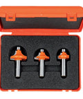 Roundover Router Bit Set With 1/4, 3/8, And 1/2 Inch Radii For Frames, Tables, And Countertops in orange case