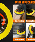 Upgraded 5 Inch Hook And Loop Backing Pad With 5/8-11 Threads For Angle Grinders shown in woodworking and automotive use
