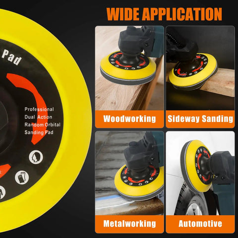Upgraded 5 Inch Hook And Loop Backing Pad With 5/8-11 Threads For Angle Grinders shown in woodworking and automotive use