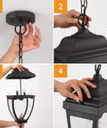 Installation steps of Outdoor Pendant Light Fixture For Porch And Entryway In Black Finish With Seeded Glass Lantern Chandelier.